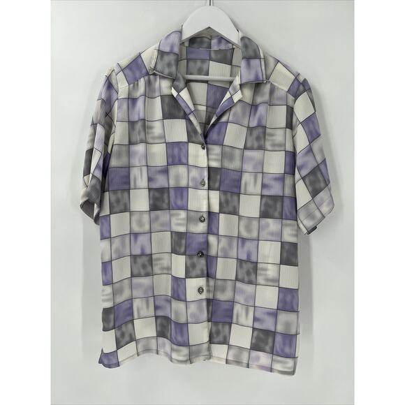 Vintage Tops - Vintage 90s Blouse Womens Large Purple White Button Up Check Print Retro Casual